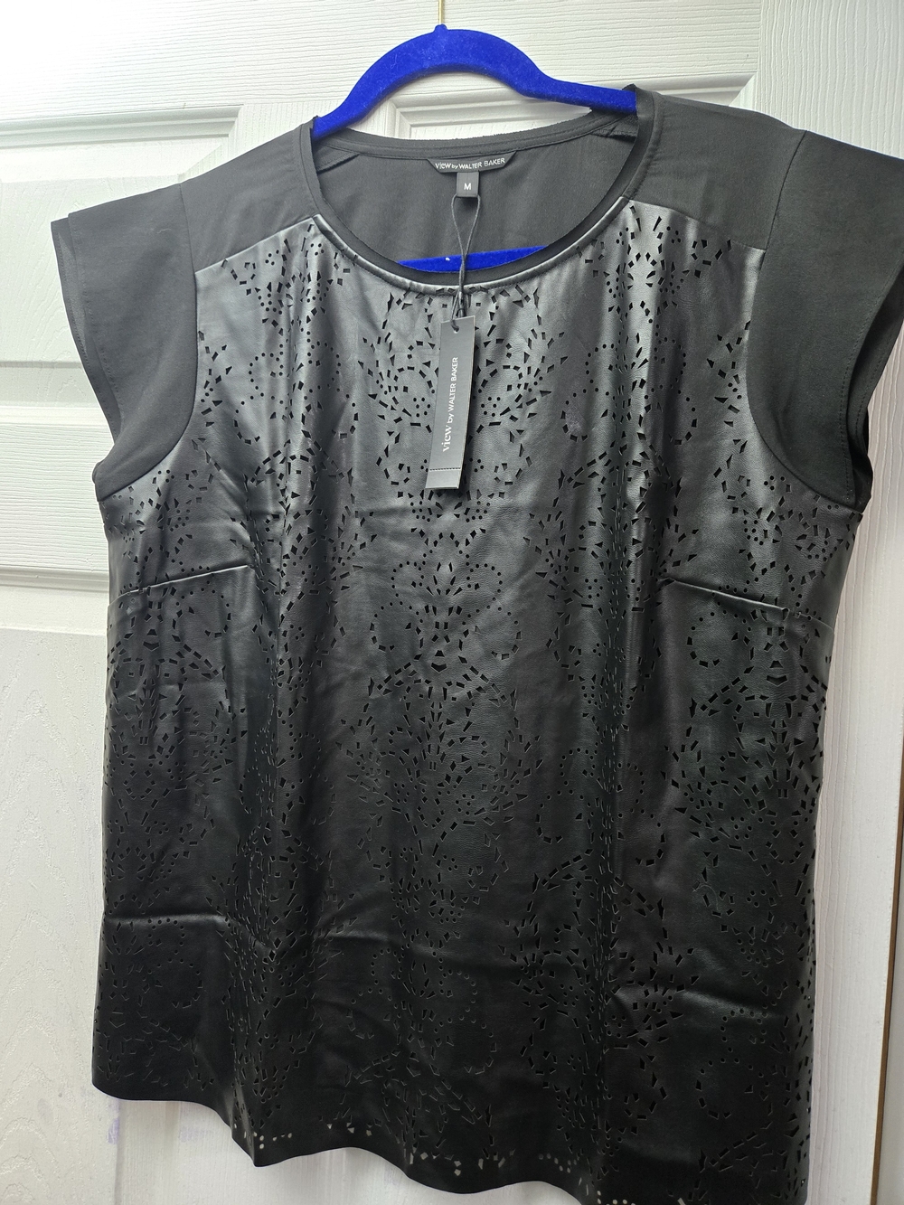 NWT View By Walter Baker Black Lightweight Faux Leather Front Top